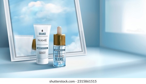 3D cosmetic bottles and mirror. Realistic showcase for beauty product. Moisturizing cream. Face serum. Pastel blue surface. Sky reflection. Vector exact advertising background template