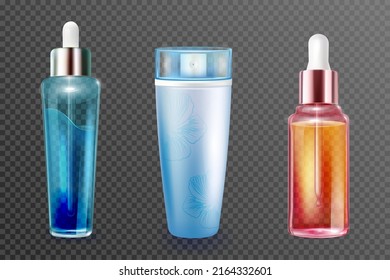 3d cosmetic bottles set vector illustration. Realistic blue and gold glass container with serum or oil essence and dropper, plastic package with spray button isolated on transparent background