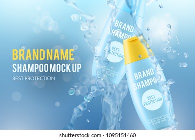 3d cosmetic illustration with realistic shampoo bottles, blue mockups for hair care on a blurred background with water splash and bubbles