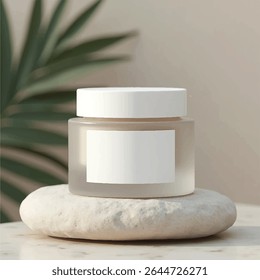 3d cosmetic mockups, cosmetic serum,cosmetic cream jar, transparent jar, without label, realistic cosmetic mockups, rock, plants, stone, background, 3d render,product mockups,photography