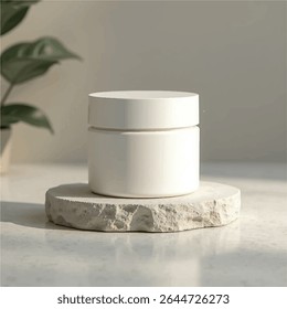 3d cosmetic mockups, cosmetic serum,cosmetic cream jar, transparent jar, without label, realistic cosmetic mockups, rock, plants, stone, background, 3d render,product mockups,photography