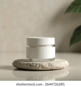 3d cosmetic mockups, cosmetic serum,cosmetic cream jar, transparent jar, without label, realistic cosmetic mockups, rock, plants, stone, background, 3d render,product mockups,photography
