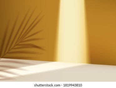 3d Cosmetic Pedestal Scene With Leaf Spotlight Platform. Yellow Background Vector 3d Rendering With Scene. Stand For Cosmetic Product. Stage Showcase On Pedestal Illuminating 3d Studio Yellow Scene