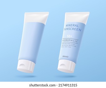 3d cosmetic plastic tube mock-ups isolated on blue background. One with label and the other without. Packaging design suitable for facial cleanser, lotion or sunscreen.