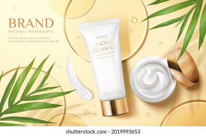 3d cosmetic product ad. Illustration of moisturizing face cream jar and tube on transparent circle disks on yellow background