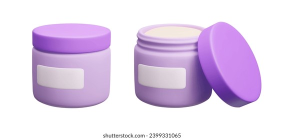 3D cosmetic product bottles set isolated on white. Cartoon style 3D beauty moisturizer cream, facial mask, anti age treatment. Open and closed cream jar makeup packaging design vector render.