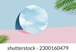 3D Cosmetic product display podium with Clouds,Blue sky reflection on Mirror.Vector Empty Blue,Pink Studio Room with coconut palm leaves,Banner Presentation for Skincare, Beauty on Spring,Summer