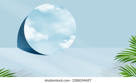 3D Cosmetic product display podium with Clouds,Blue sky reflection on Mirror.Vector Empty Blue Studio Room with coconut palm leaves,Banner Web design Presentation for Skincare, Beauty on Spring,Summer