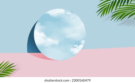 Presentación de producto cosmético 3D podio con nubes, reflexión sobre el cielo azul en el Espejo.Vector Azul vacío,Habitación de estudio rosa con hojas de coco,Presentación de pancarta para el cuidado de la piel, Belleza en primavera,Verano