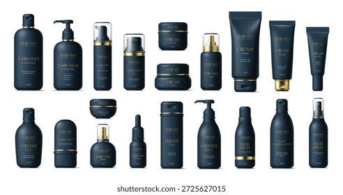 Productos cosméticos 3D botellas de Vector negro y maqueta de paquete. Champú y bálsamo para el cabello, gel limpiador, tóner, desodorante, botella de suero, tubo de loción y crema facial, dispensador de bomba, envases cosméticos