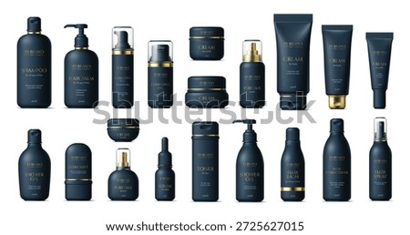 3d cosmetic products black vector bottles and package mockup. Hair shampoo and balm, cleansing gel, toner, deodorant, serum bottle, lotion and face cream tube, pump dispenser cosmetic containers