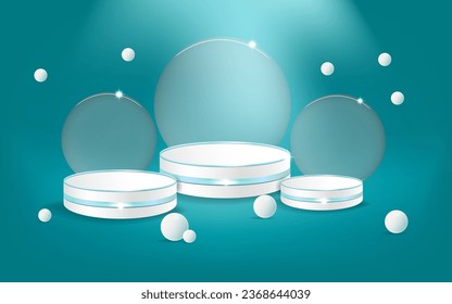 3d cosmetic stage with podiums and imitation glass sea background vector 3d stand to show cosmetic products. Stage showcase on a pedestal cosmetic 3d studio with lighting