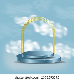 3d cosmetic stage with podiums on blue background with airy realistic clouds and golden arch vector 3d stand to show cosmetic products.