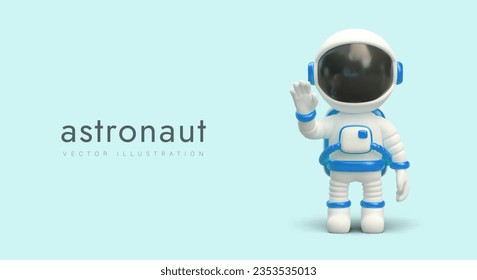 3D cosmonaut. Human in spacesuit with opaque helmet. Greeting gesture. Contact of civilizations. National Astronaut Day. Color vector banner for web design