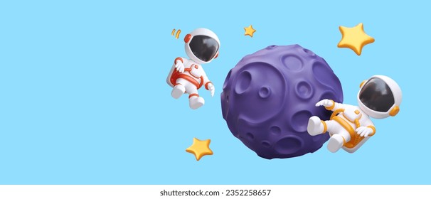 3D cosmonauts in outer space. Astronauts near purple planet, stars. Cute realistic composition on blue background. Place for advertising text, logo, price