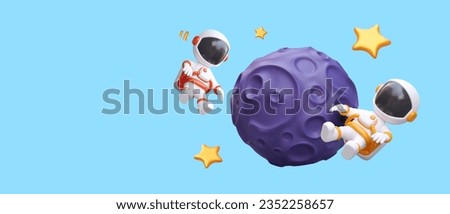 3D cosmonauts in outer space. Astronauts near purple planet, stars. Cute realistic composition on blue background. Place for advertising text, logo, price