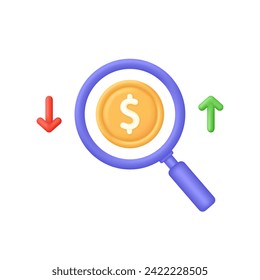 3D Cost of dollar with arrow down and up. Economy crisis or economy growth. loss or growth. Icon of exchange currency. Trendy and modern vector in 3d style