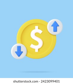 3d Cost of dollar with arrow down and up. Coin of dollar with loss or growth. 3d rendering. Vector illustration