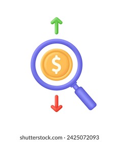 3D Cost of dollar with arrow down and up. Economy crisis or economy growth. loss or growth. Icon of exchange currency. Trendy and modern vector in 3d style