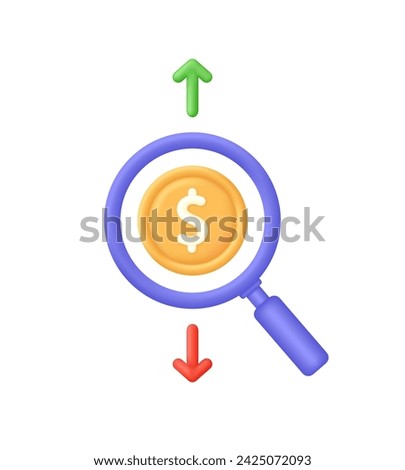 3D Cost of dollar with arrow down and up. Economy crisis or economy growth. loss or growth. Icon of exchange currency. Trendy and modern vector in 3d style