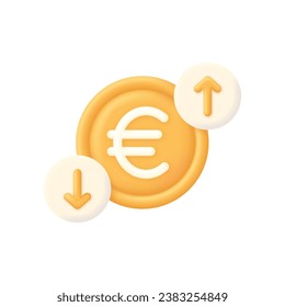 3D Cost of euro with arrow down and up. Economy crisis or economy growth. loss or growth. Icon of exchange of currency. Vector in 3d style.