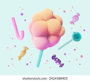 3d Cotton Candy and Floating Sweet Cute Lollipops Cartoon Style Dessert on a Blue Background. Vector illustration of Sweet Sugar Cloud on Stick