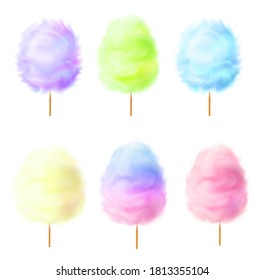 3D cotton candy, a set of realistic sweets. Cotton candy of various colors and flavors isolated on white background. Vector realistic illustration.