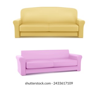 3D couches set isolated on white background. Vector realistic illustration of yellow and pink sofa mockup for home interior design, living room or hotel lobby design elements, comfortable furniture