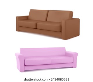 3D couches set isolated on white background. Vector realistic illustration of brown and pink sofa mockup for home interior design, living room or hotel lobby design elements, comfortable furniture