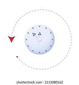 3d countdown past time on wall clock. A timer. The process of reverse direction of time. Mechanical clock with a red reverse arrow. Past time. The concept of the return process. Vector illustration
