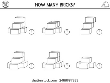 3d contando sitio de construcción juego en blanco y negro con ladrillos. Matemáticas y actividad lógica para niños con material de construcción. Hoja de cálculo de conteo educativo. ¿Cuántos bloques para colorear?
