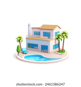 3D country house for relaxation with a pool with palm trees and a sunbed. Beautiful home for summer vacation, vacation, lifestyle, rental, and real estate concepts. Vector