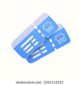 3d couple of blue bus tickets, minimal style, isolated on white background. Public transportation icon, school bus service vector illustration.