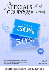 3d couple of blue coupons inside a transparent glass envelope, isolated on background with sticker decoration. Gift voucher banner template with coupon code in 3d vector.