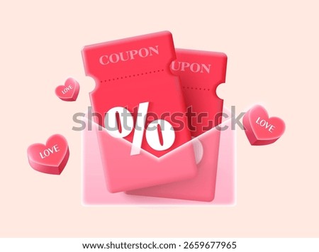 3d couple of pink gift voucher cards in a transparent envelope, isolated on background with flying hearts icon, isolated on background. 3d cashback coupon in vector illustration