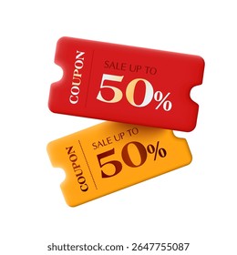 3d par de vales de regalo rojo y amarillo con código de Cupón, porcentaje de descuento, aislado sobre fondo blanco. Icono del Cupón 3D para el descuento y la venta del acontecimiento en Ilustración vectorial