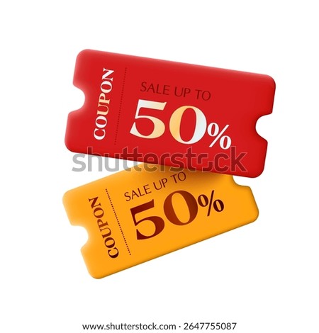 3d couple of red and yellow gift vouchers with coupon code, percentage off, isolated on white background. 3d coupon icon for discount and sale off event in vector illustration