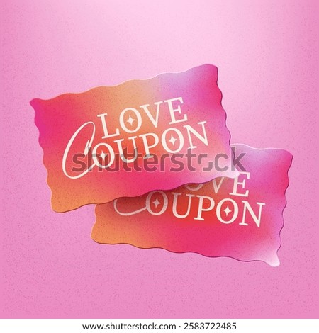 3d couple of valentine gradient coupons, isolated on pink background. Love gift voucher icon template with coupon code in 3d vector.