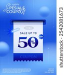 3d coupon is being printed from a slot with coupon code, price off in percent, isolated on blue gradient background. Printing gift voucher for discount promotion. Sale off poster. 3d vector