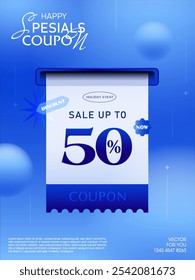 3d coupon is being printed from a slot with coupon code, price off in percent, isolated on blue gradient background. Printing gift voucher for discount promotion. Sale off poster. 3d vector