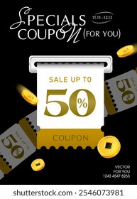 3d coupon is being printed from a slot, with percent price off, coupon code, golden coins flying, isolated on dark background. Print Gift voucher vector banner template for discount event