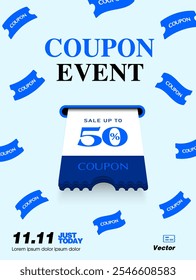 3d coupon is being printed from a slot, with percent price off, coupon code, mini coupons flying around, isolated on dark background. Print Gift voucher vector banner template for discount event