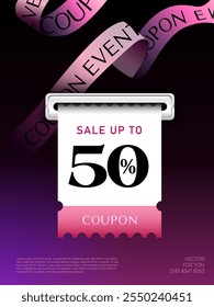 3d coupon is being printed from a slot, with percent price off, coupon code, ribbons flying above, isolated on deep pink background. Print Gift voucher vector banner template for discount event