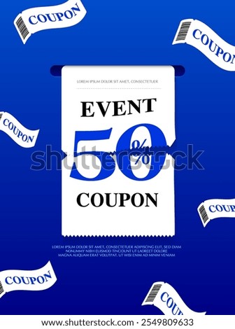3d coupon is being printed from a slot, with percent price off, coupon code, mini coupons flying around, isolated on deep blue background. Print Gift voucher vector banner template for discount event