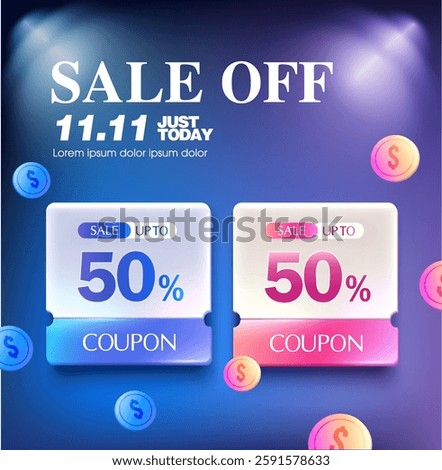 3d coupon books template with colorful coins flying around, coupon code and price off. Gift voucher shopping poster in 3d vector