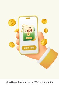 3d coupon code on a mobile screen, held by a hand with golden coins flying around, isolated on background. Apply coupon for discount on mobile app concept in 3d vector