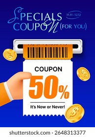 3d coupon with coupon code, percentage off is being printed from a slot held by a hand, golden coins flying around, isolated on background. Gift voucher discount  banner in 3d vector illustration