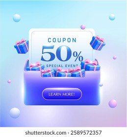 3d coupon with coupon code, price off in percent, flying gift boxes with CTA button, isolated on gradient background. Gift voucher banner template in 3d vector 