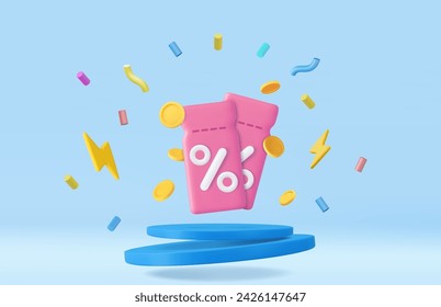 3d coupon with coins in blue podium background. Voucher card cash back template design with coupon promotion. 3d rendering. Vector illustration