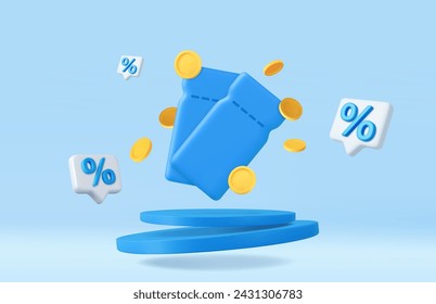 3d coupon with coins in blue podium background. Voucher card cash back template design with coupon promotion. 3d rendering. Vector illustration